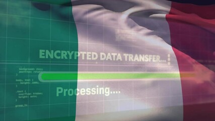 Encrypted data transfer showing progress on tricolor flag with green progress bar and code grid
