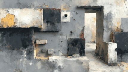 Abstract grunge wall texture with doorway and geometric shapes