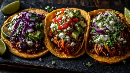 A mouthwatering taco spread with colorful toppings on a crispy corn tortilla. A vibrant Mexican feast full of flavor, perfect for food lovers and photographers.