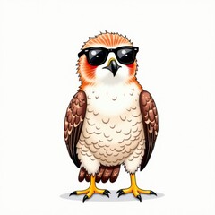 Obraz premium A cool cartoon hawk wearing black sunglasses stands confidently on a white background.