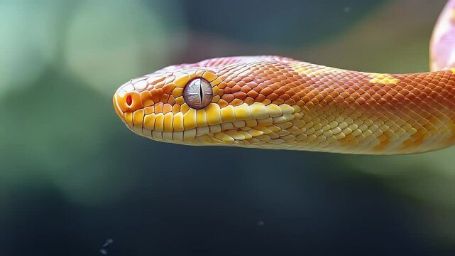 Orange and Yellow Snake Coiled Around a Branch with Detailed Scales and Eye on a Dark Blurred Background