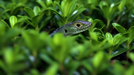 Obraz premium Vibrant Green Lizard Hidden in Lush Foliage