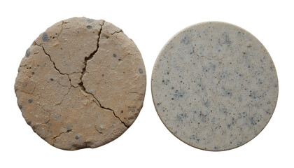 Pair of stone coasters with rough and polished finishes diagonally placed on white surface