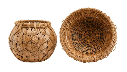 Set of woven baskets with hexagonal and spiral patterns isolated on white background