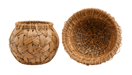 Set of woven baskets with hexagonal and spiral patterns isolated on white background