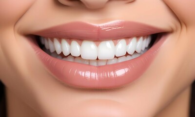 Obraz premium A woman with fair skin and light lips, showing her perfect white teeth