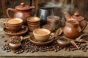 Aromatic coffee steam rises from rustic earthenware mugs and pots, scattered coffee beans and cinnamon sticks on wooden table.