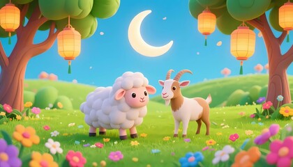 Naklejka premium Cute Cartoon Sheep and Eid Lanterns in Green Meadow