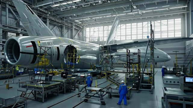Aircraft assembly hangar with workers in blue uniforms constructing a large commercial airplane, surrounded by scaffolding, tools, and advanced machinery, shows engineering in the aerospace industry.