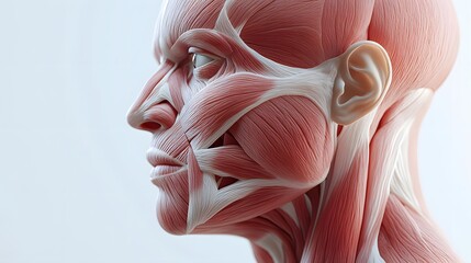3D Visualization of the Muscular System: A 3D rendered image of the human muscular system, with muscles shown in layers, revealing the complexity of the human body.
