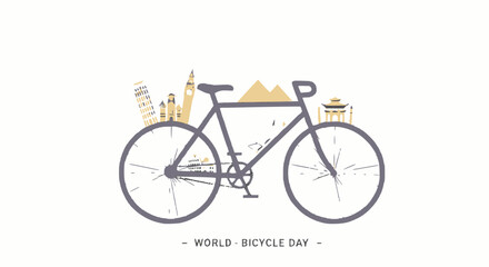 World Bicycle Day graphic: Bicycle silhouette with global icons.