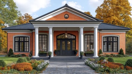 Brick facade of a classic style house with columns and dark wind