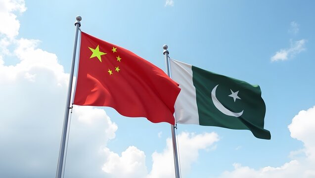 Chinese and Pakistani Flags Waving Together Under a Partly Cloudy Sky