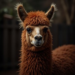 Obraz premium A fluffy brown alpaca with expressive eyes stands outdoors, its soft fur highlighted against a blurred background.