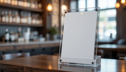 A blank white sign holder with a clear acrylic frame sits on a dark wooden table in a restaurant