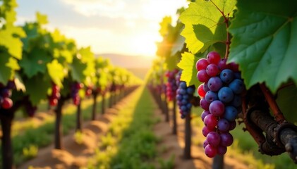 Sun-drenched vineyard rows, ripe grapes hanging , winery, production