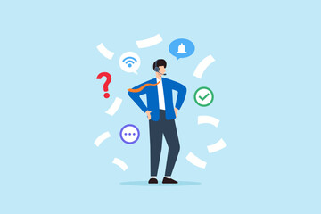 Flat illustration of support specialist reviewing remote tickets with headset in multitasking customer service environment