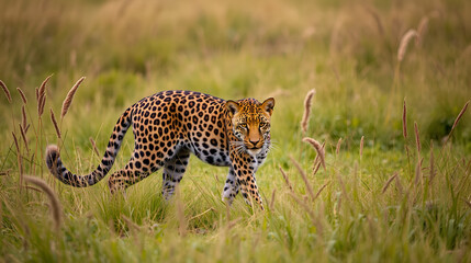 Naklejka premium A beautiful leopardess is walking through the tall grass
