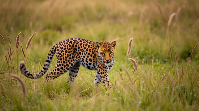 A beautiful leopardess is walking through the tall grass