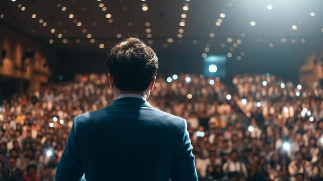 Man in Formal Attire Delivering Inspiring Speech to Engaged Audience at Large Conference Event