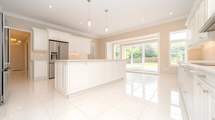 Bright, spacious kitchen with white cabinetry, large island, and gleaming floors, opening to a sunlit backyard