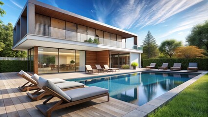 Fototapeta premium Modern house with large pool and sunbathing lounge chairs, swimming pool, back yard