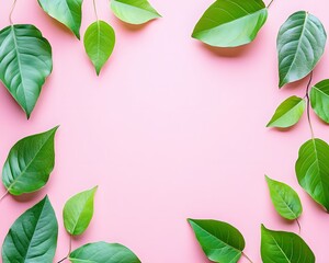 Fototapeta premium Pink Background Green Leaves Frame Nature Spring