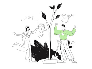 Flat character vector concept operation hand drawn illustration of planting trees on Arbor Day in spring
