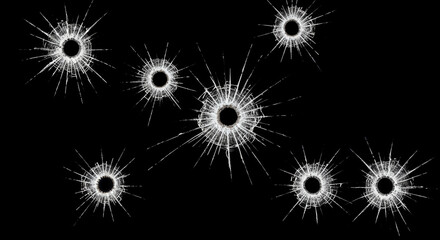 Bullet Holes Shattered Glass Cracks Black Background Impact Damage