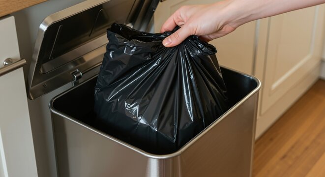 Close-up view of a person's hand dropping a full black plastic trash bag into a modern stainless steel garbage can with the lid open in an indoor setting