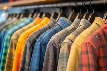 Obraz premium Colorful plaid shirts on hangers in a retail store