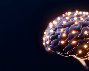 Illuminated neural pathways of a human brain, showcasing intricate surface details and glowing nodes, set against a dark backdrop