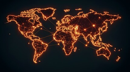 The image shows a glowing orange map of the world, with lines connecting various points, representing global interconnectedness.