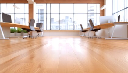 Modern office space with wood floors, desks, chairs, and large windows offering a city view