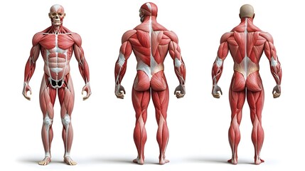 Exploded View of Muscle Anatomy: An exploded view of the human muscular system, with each muscle group separated slightly to reveal the connections and layers.
