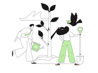 Flat character vector concept operation hand drawn illustration of planting trees on Arbor Day in spring
