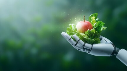 Robotic hand holding a fresh apple and lettuce in a green setting