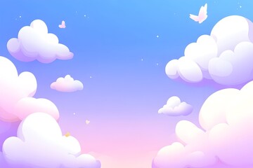 Pastel sky with fluffy clouds and small butterflies