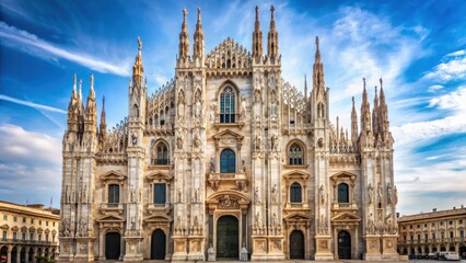 Fototapeta premium Facade of Milano cathedral with numerous statues on steeples and intricate stone carvings, religious monument, italian baroque