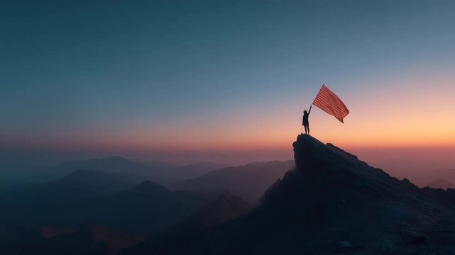 Silhouette of a Man Holding a Flag at the Edge of a Mountain Peak During Sunset