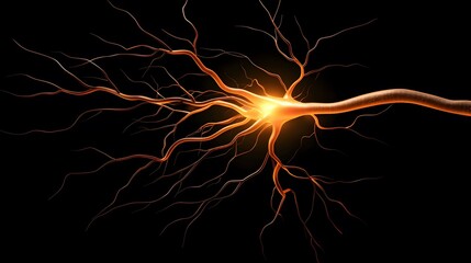 The image shows a stylized depiction of a neuron, a nerve cell, with its many dendrites branching out from the soma, glowing brightly against a black background.