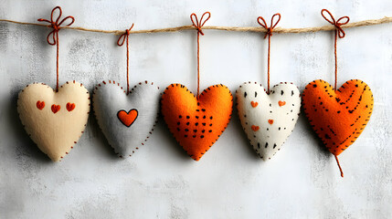 Five handmade felt hearts hanging on twine, showcasing diverse stitching patterns and warm color palette. Perfect for Valentine's Day, crafts, or love themed projects.