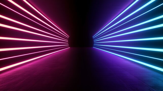 The image contains a dark room with parallel lines of pink and blue neon lights on opposite walls converging towards a central vanishing point, creating a vibrant, futuristic atmosphere.
