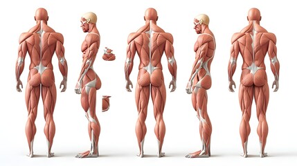 Exploded View of Muscle Anatomy: An exploded view of the human muscular system, with each muscle group separated slightly to reveal the connections and layers.
