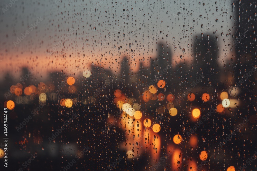 Poster Raindrops on Window Creating a Dreamy View of a Blurred Cityscape in Warm Tones During Twilight Generative AI