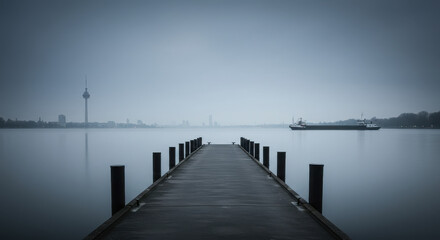 Obraz premium Pier extending into water under overcast sky