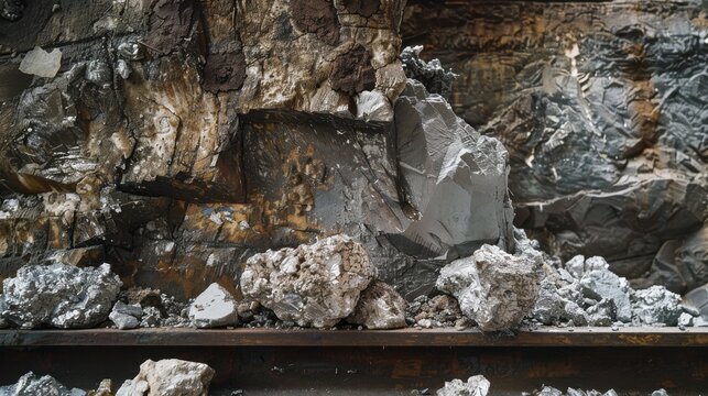 Silver ore specimens rest against a rock face showing raw material from a silver mining operation industrial documentary geology.