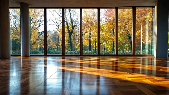 Serene autumn landscape views from inside a modern minimalist space with polished parquet flooring designs