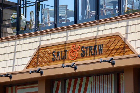 Anaheim, California USA on May 13, 2023. The Salt & Straw ice cream store sign at the Anaheim Downtown District location.