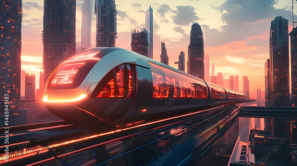Aufkleber 未来的な都市景観の中を走る高速鉄道とオレンジ色の夕暮れ空に照らされた近代的な建築群